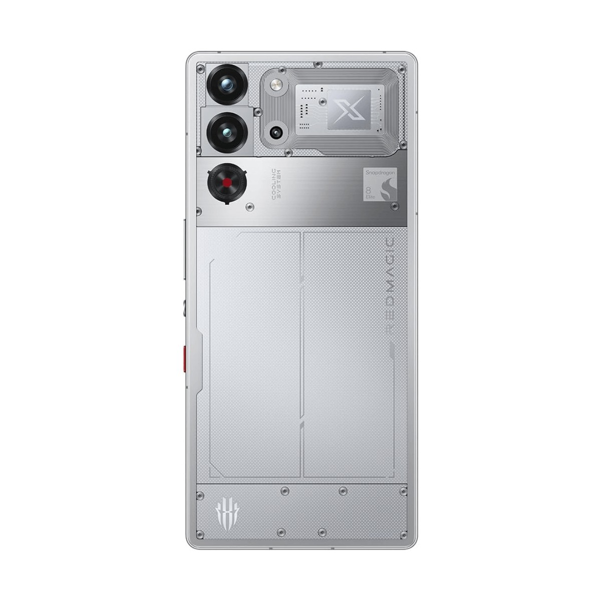 Rückseite eines silbernen Smartphones mit transparentem mechanischem Design, zwei Kameras und sichtbaren Bauteilen.