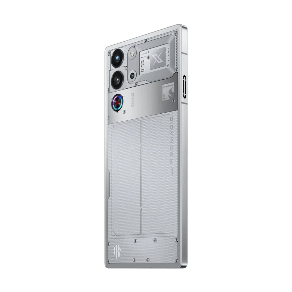 Rückseite eines silbernen Smartphones mit futuristischer, transparenter Technikoptik, mehreren Kameras und Schrauben.