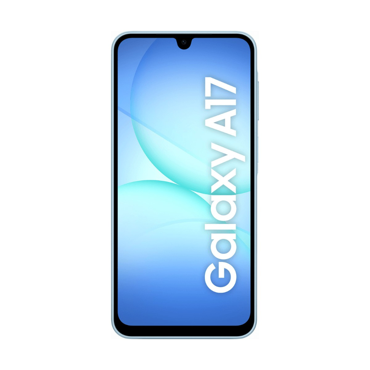 Uno smartphone azzurro con la scritta Galaxy A17 sullo schermo blu.