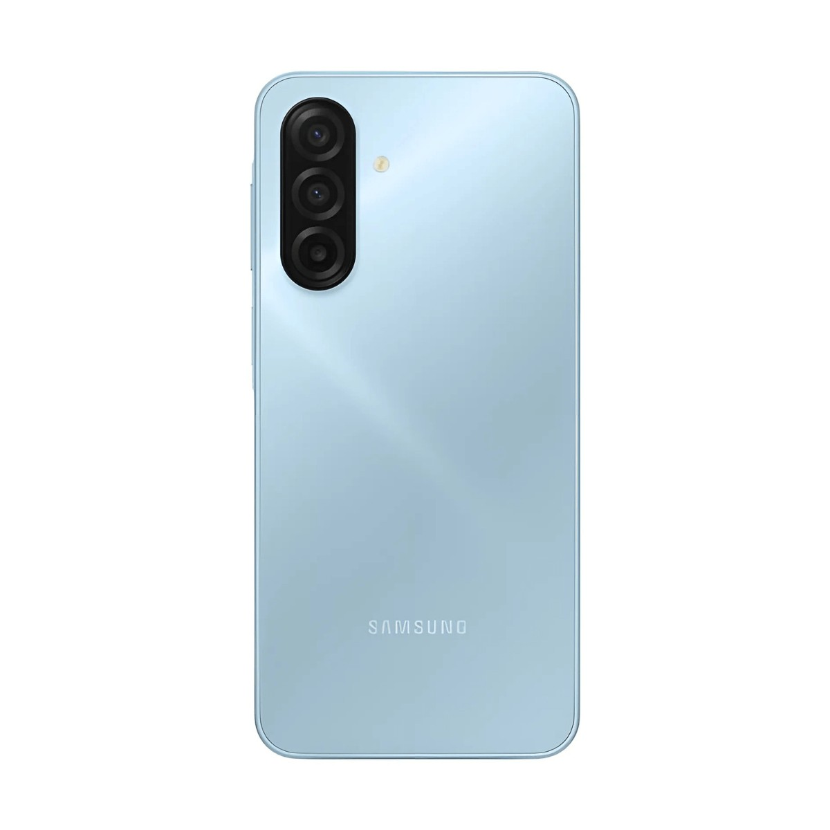 Retro di uno smartphone Samsung azzurro chiaro con tripla fotocamera verticale e logo Samsung.