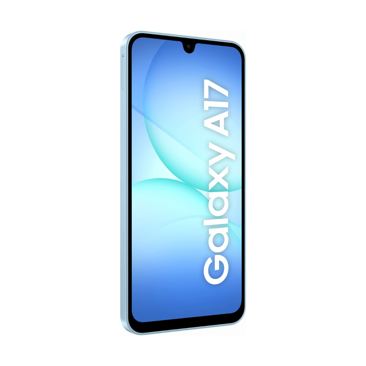 Uno smartphone azzurro con la scritta Galaxy A17 sullo schermo su sfondo bianco.