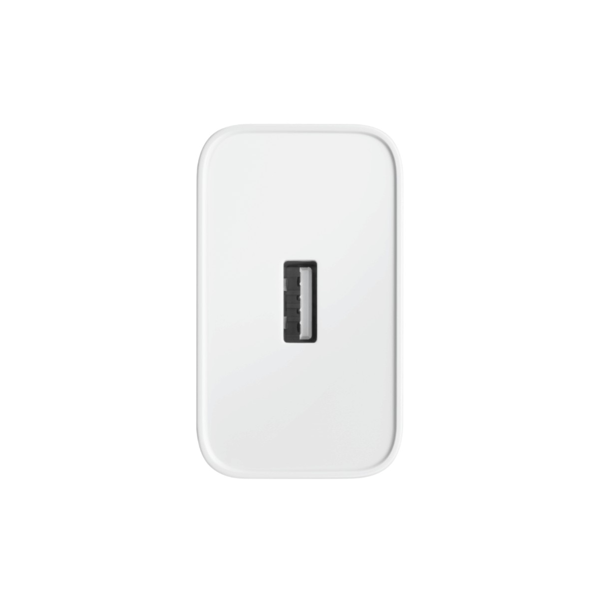 Un caricatore USB bianco con una singola porta USB al centro della parte anteriore, isolato su sfondo bianco.