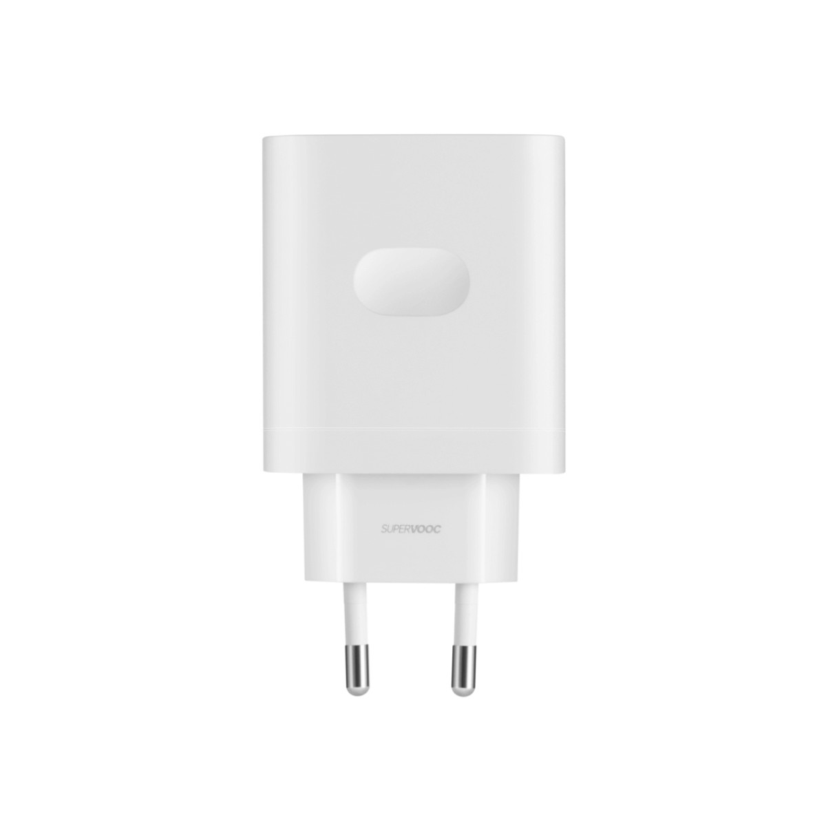 Un alimentatore SuperVOOC bianco con due poli rotondi su sfondo bianco.