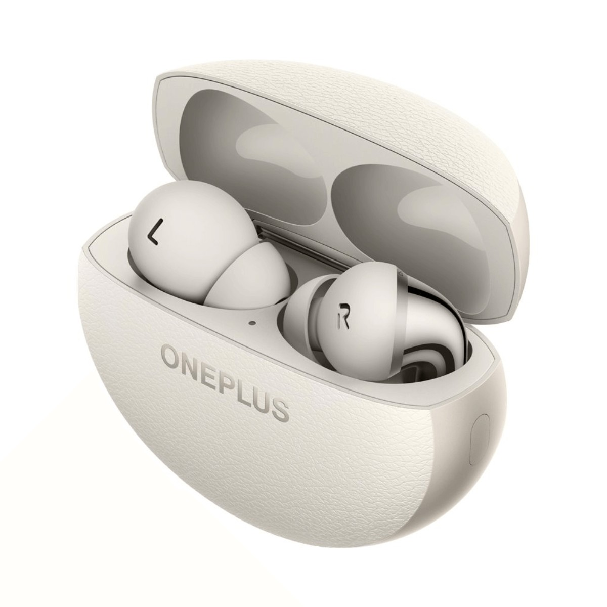 Estuche de carga OnePlus blanco crema con la tapa abierta, mostrando dos auriculares inalesámbricos dentro sobre fondo blanco.