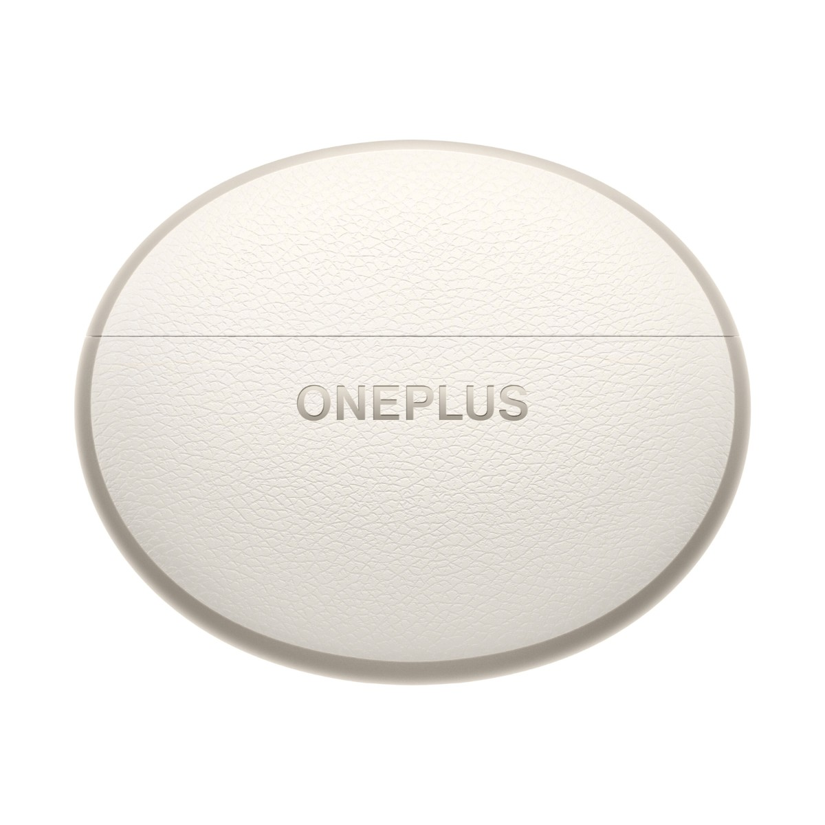 Un estuche de carga para auriculares OnePlus ovalado y beige con textura de cuero sintético y el logotipo.