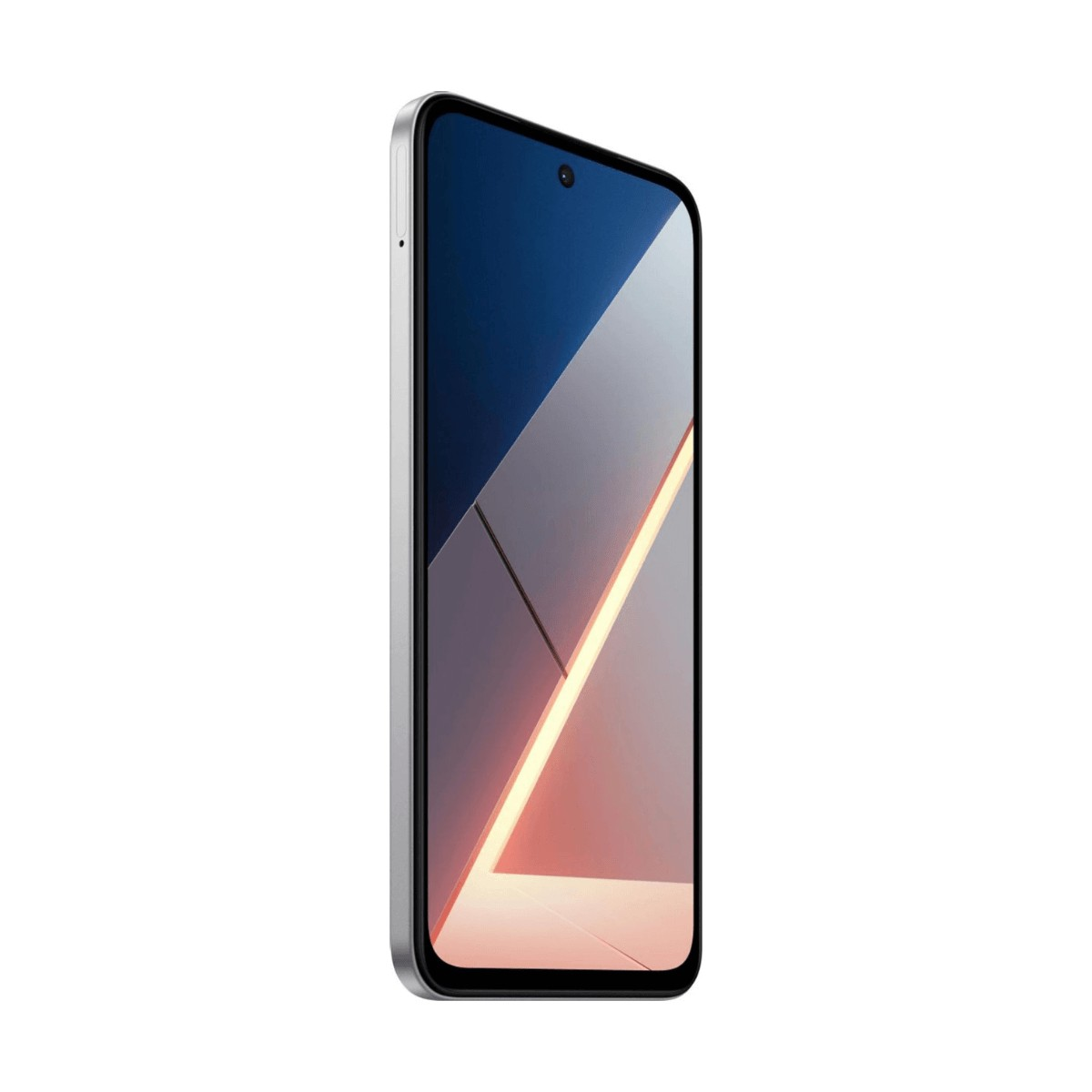 Uno smartphone con cornice argentata e schermo che mostra un motivo geometrico blu e arancione.