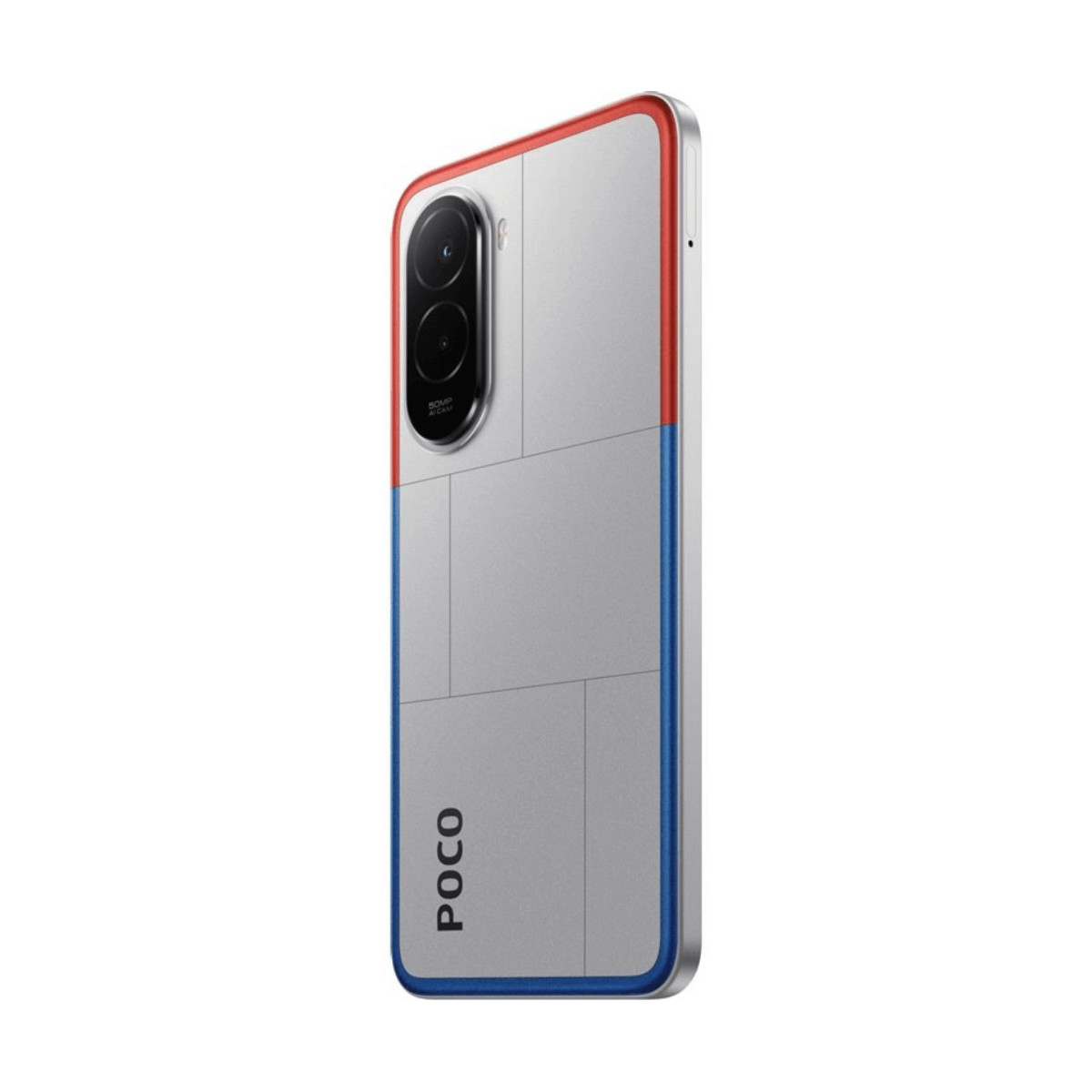 Retro di uno smartphone argento con doppia fotocamera verticale, bordo superiore rosso, bordo inferiore blu e logo POCO.
