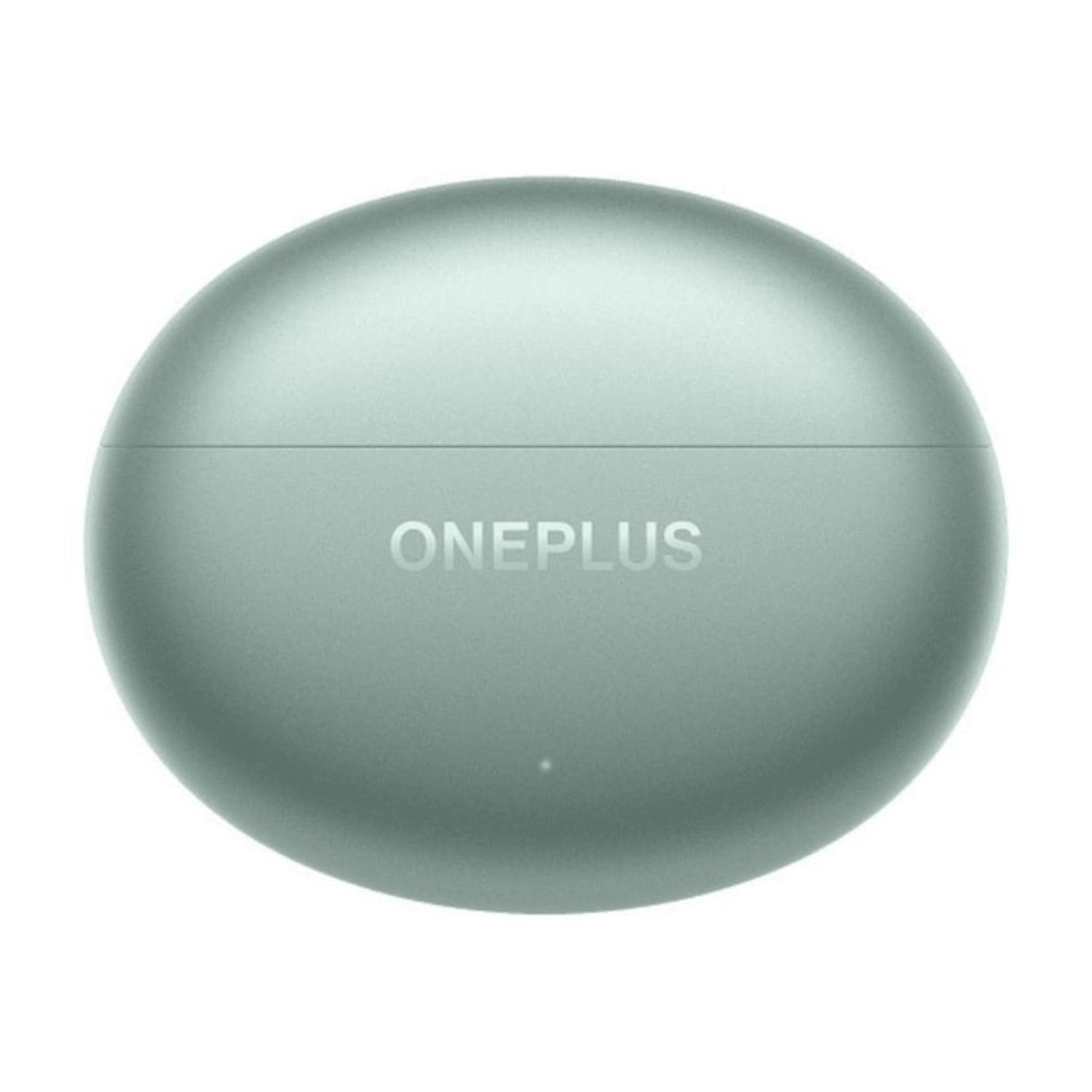 Beyaz arka planda kapalı, oval, yeşil OnePlus kulaklık şarj kutusu.