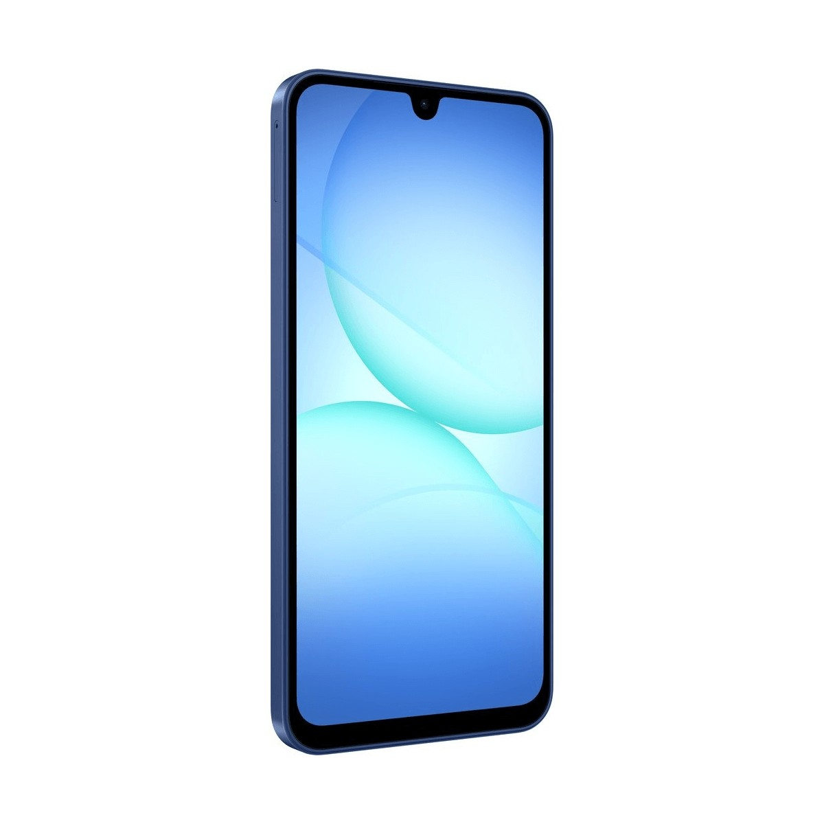 Un smartphone bleu légèrement incliné vers la gauche avec un fond d'écran abstrait bleu clair.