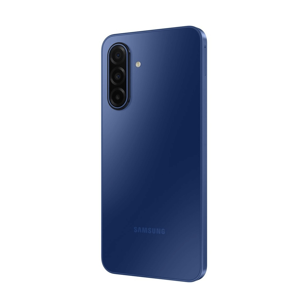 Dos d'un smartphone Samsung bleu avec triple capteur photo vertical et flash sur fond blanc.