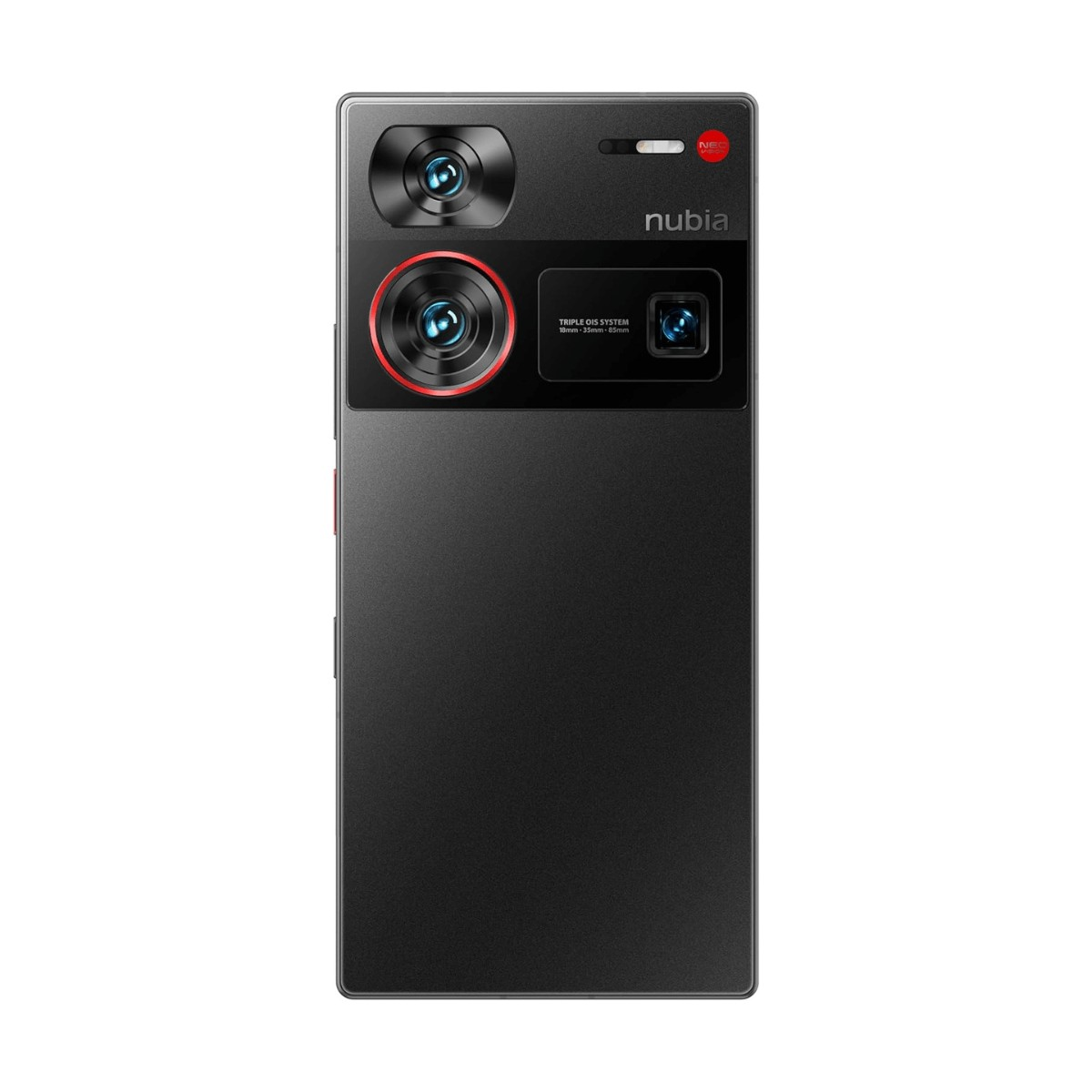 Tył ciemnego smartfona Nubia z trzema obiektywami aparatów i logo nubia w prawym górnym rogu.