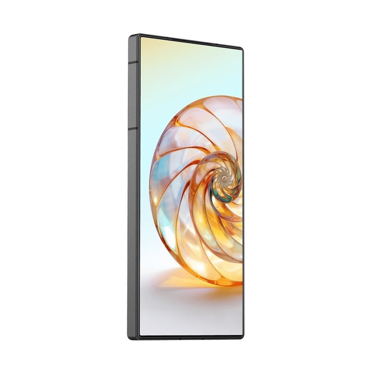Czarny smartfon pod kątem wyświetla tapetę z jarzącą się, złotą muszlą łodzika na jasnym tle.