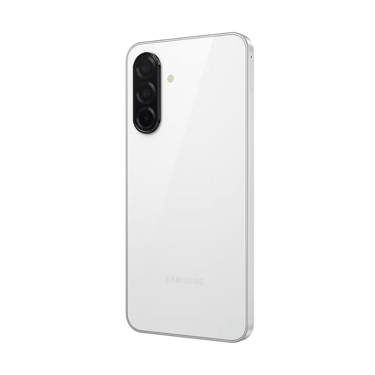 Dos d'un smartphone Samsung blanc avec triple appareil photo vertical et flash sur fond clair.