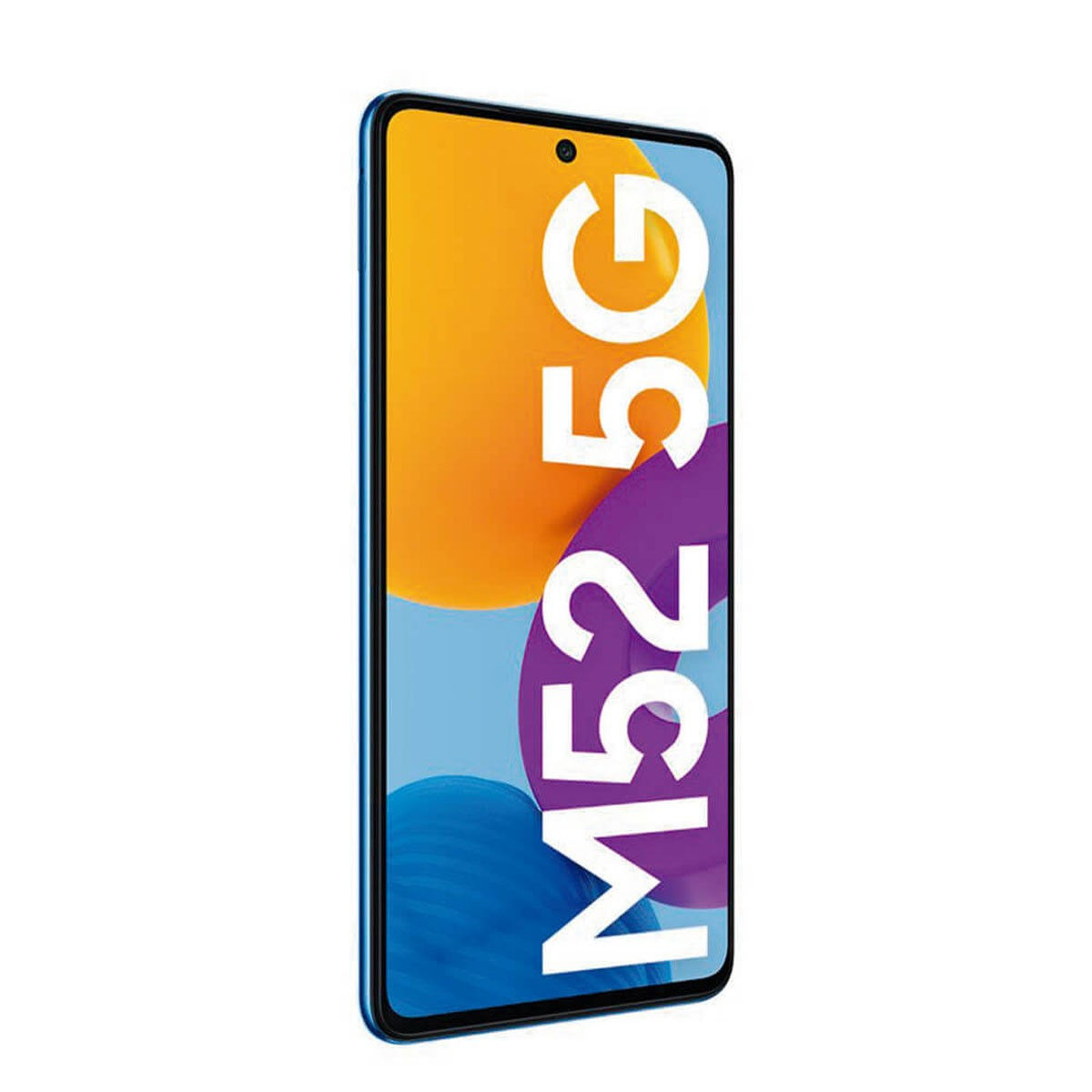 Un smartphone bleu avec le texte blanc M52 5G sur son écran coloré est affiché sur un fond blanc.