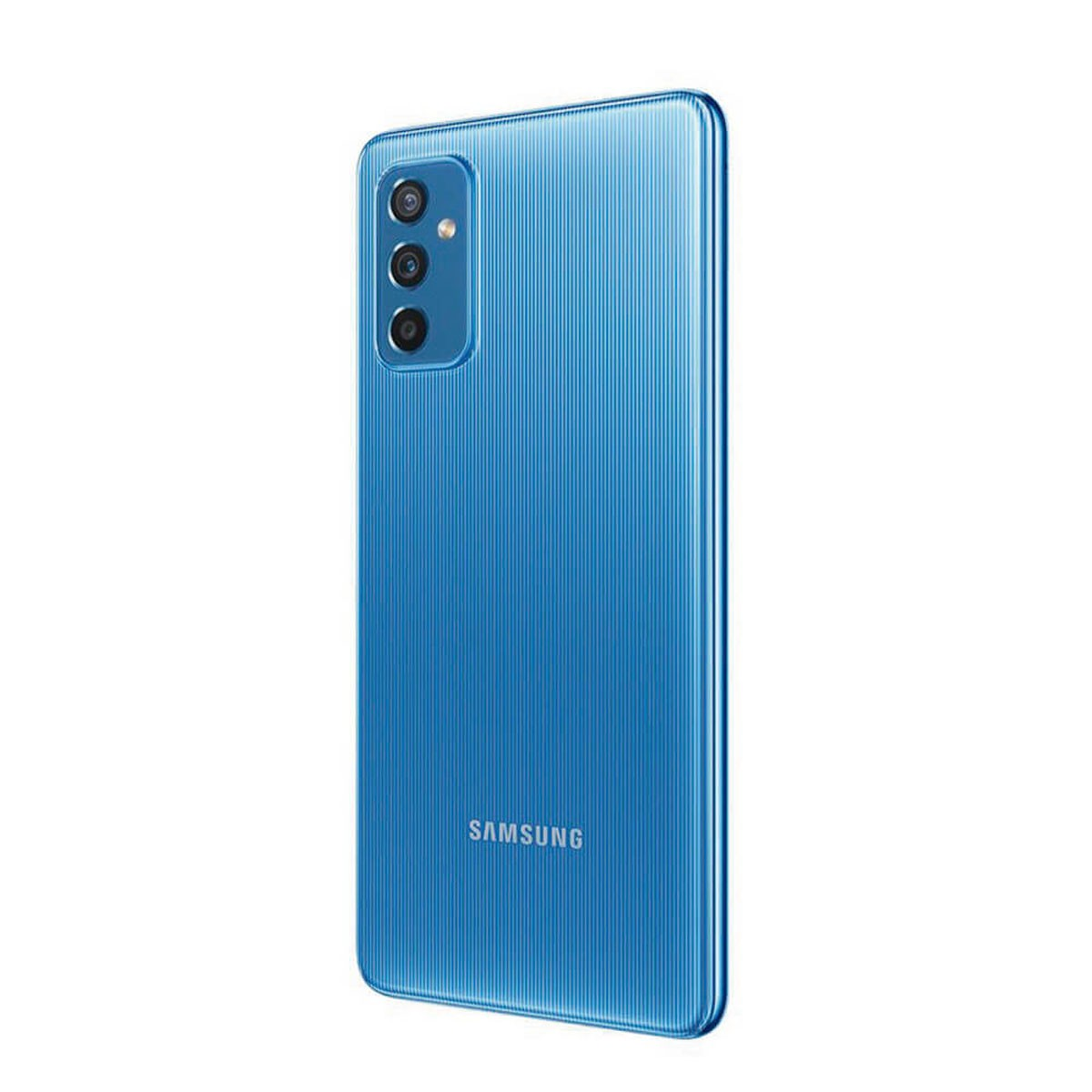 Dos d'un smartphone Samsung bleu avec triple appareil photo vertical et motif rayé sur fond blanc.