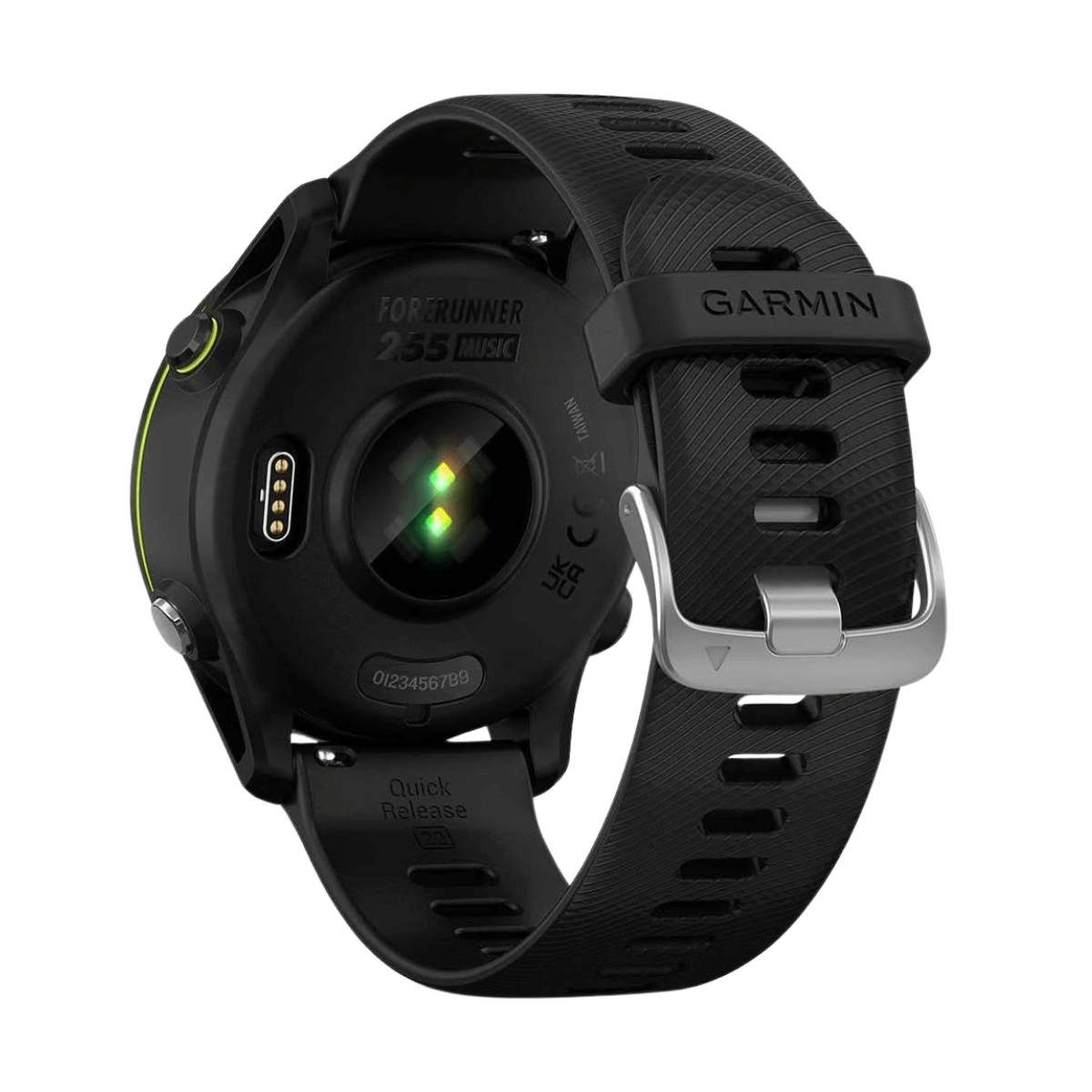 Rückseite der schwarzen Garmin Forerunner 255 Music Smartwatch mit Sensoren und strukturiertem Silikonarmband.