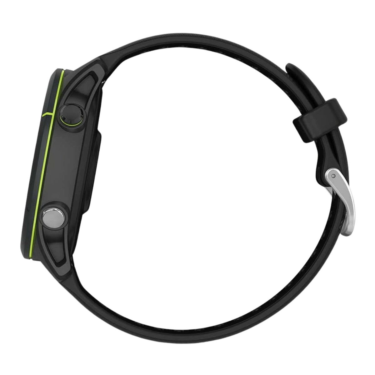 Schwarze Sportuhr mit grünem Akzent und Silikonarmband auf weißem Hintergrund.