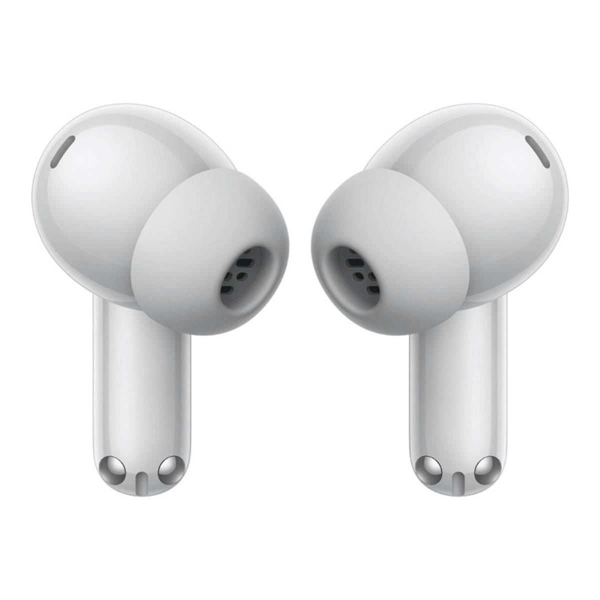 Zwei weiße In-Ear-Kopfhörer mit Silikonaufsätzen stehen auf weißem Hintergrund.