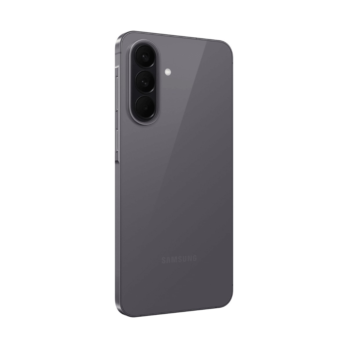 Rückseite eines grauen Smartphones mit drei vertikalen Kameras, Blitz und Samsung-Logo.