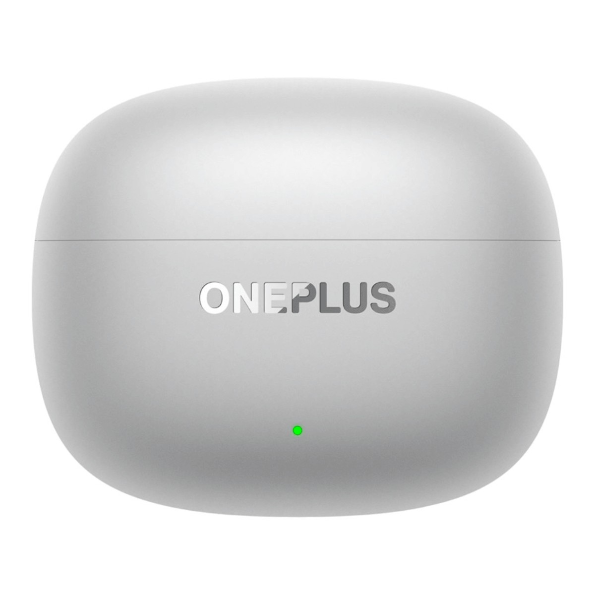 Ein weißes OnePlus-Kopfhöreretui mit grünem LED-Licht auf weißem Hintergrund.