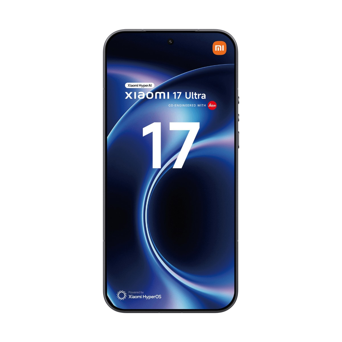 Uno smartphone scuro che mostra l'interfaccia Xiaomi 17 Ultra con uno sfondo blu e il numero 17.