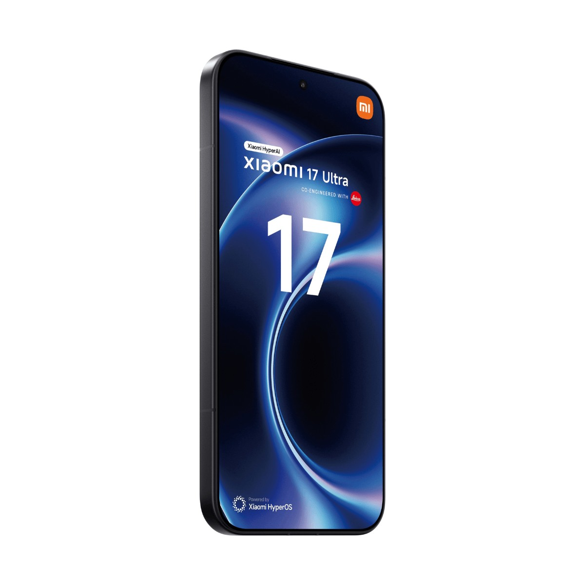 Uno smartphone nero Xiaomi 17 Ultra con schermo blu e il numero 17.