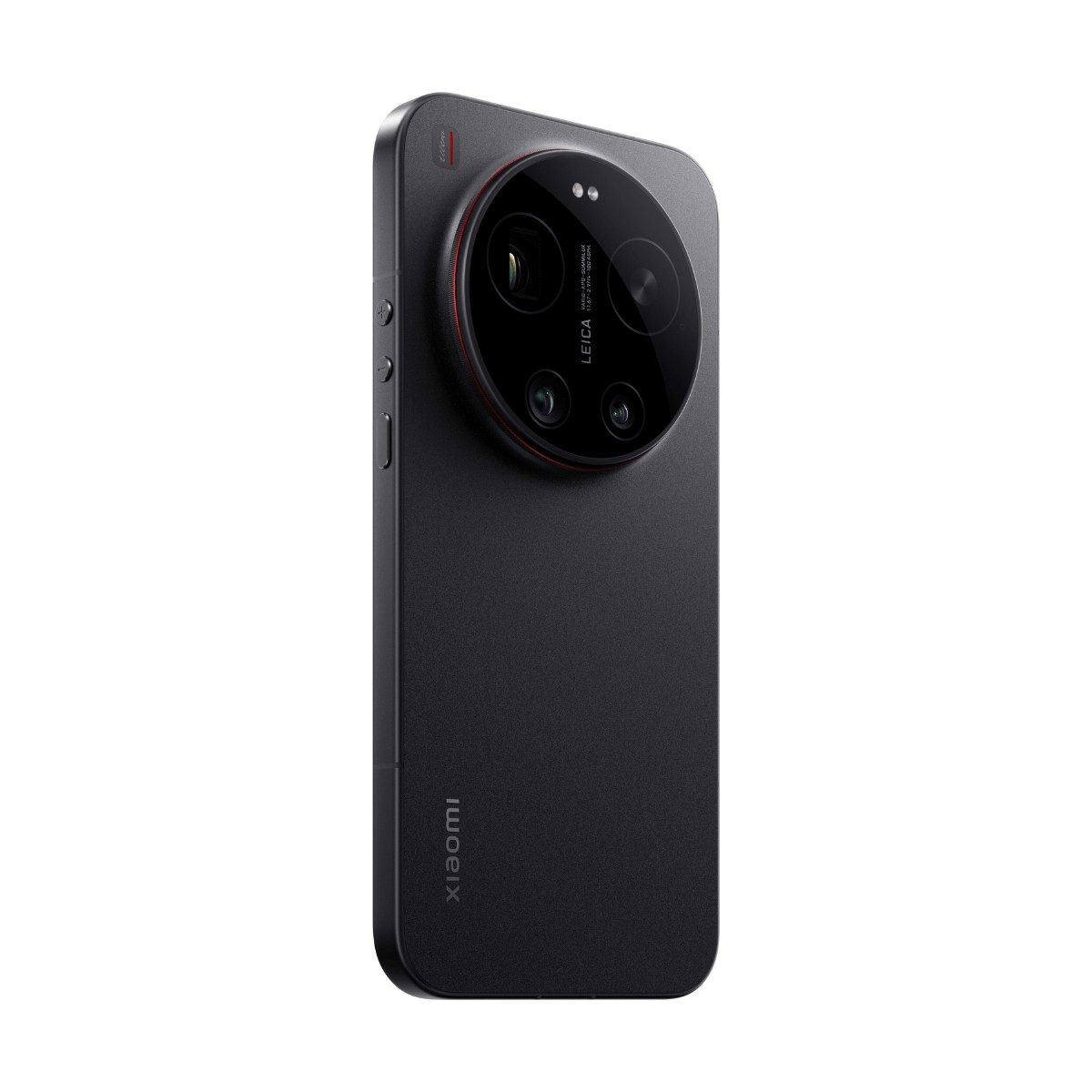 Retro di uno smartphone Xiaomi nero con un grande modulo fotocamera rotondo e marchio Leica.
