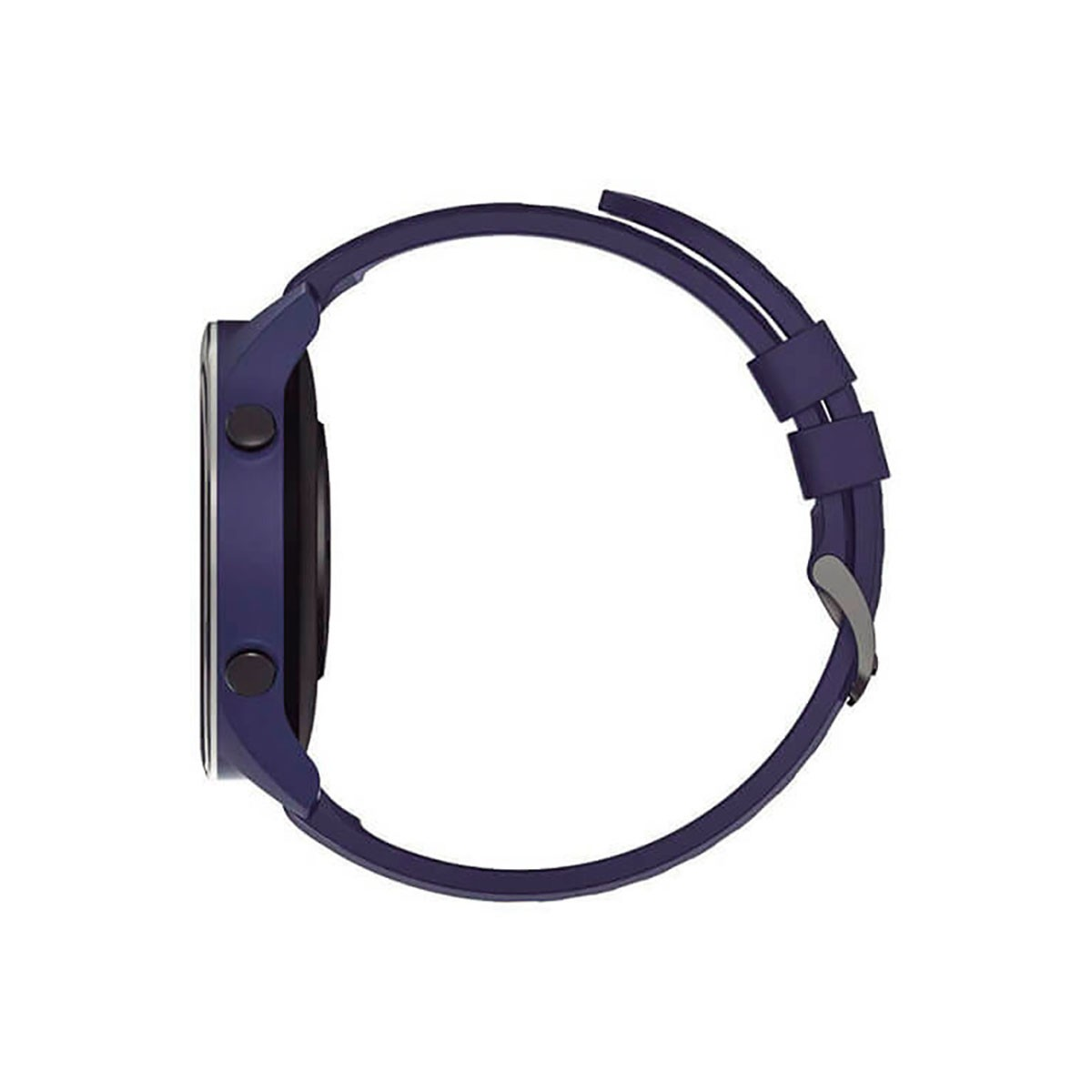 Vista laterale di uno smartwatch scuro con cinturino in silicone su sfondo bianco.