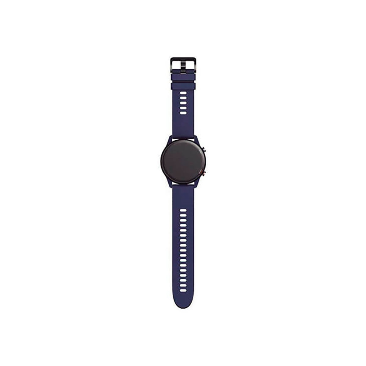 Uno smartwatch blu scuro con cassa nera e cinturino perforato su sfondo bianco.