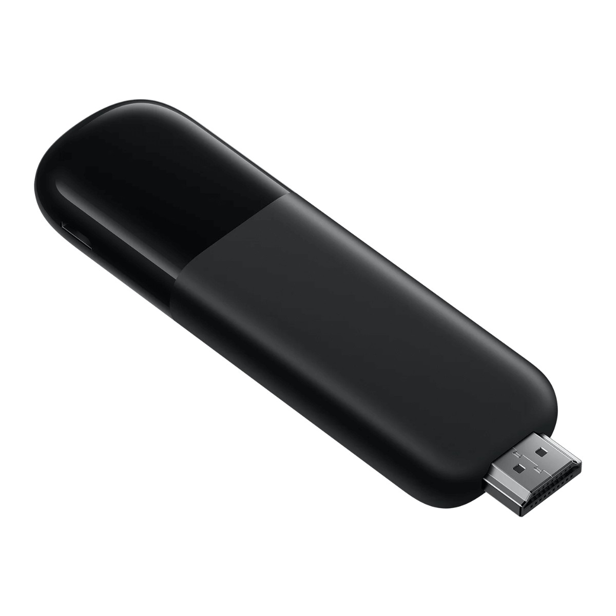 Un lápiz multimedia HDMI negro brillante sobre fondo blanco.