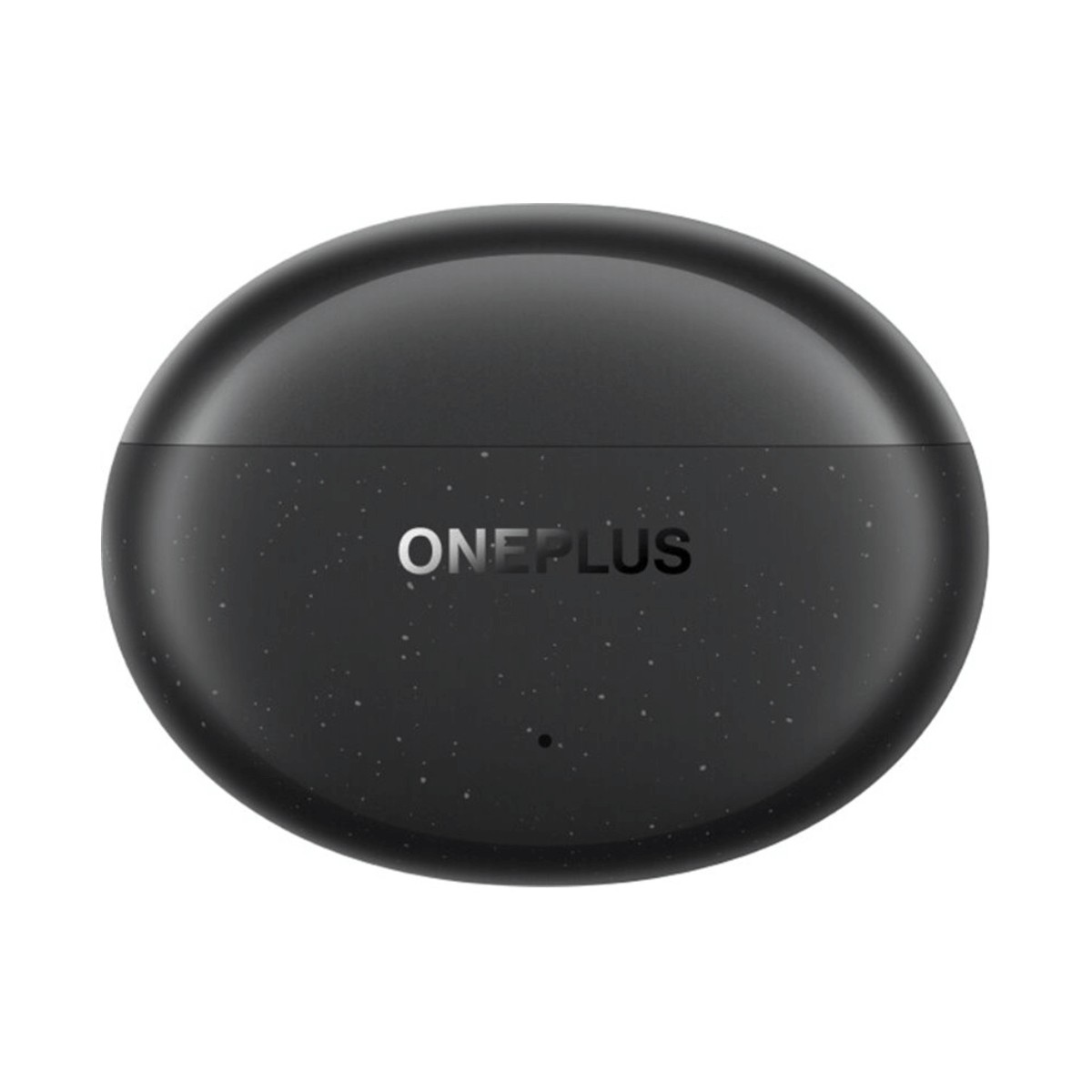 Custodia di ricarica per auricolari OnePlus nera e ovale con macchioline chiare e logo centrato su sfondo bianco.
