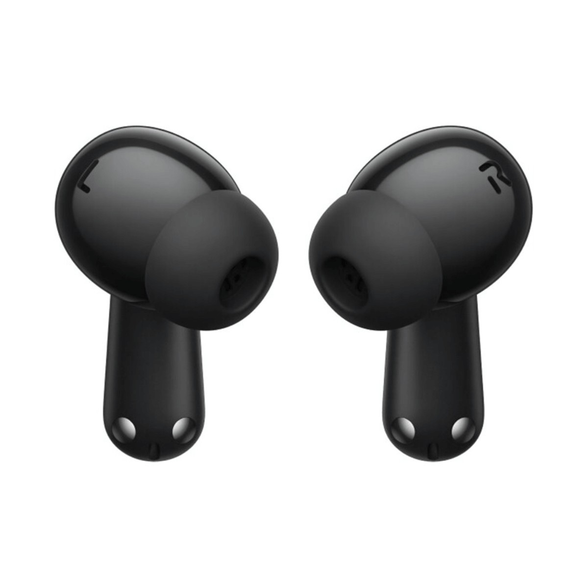 Due cuffie in-ear wireless nere con cuscinetti in gomma su sfondo bianco.
