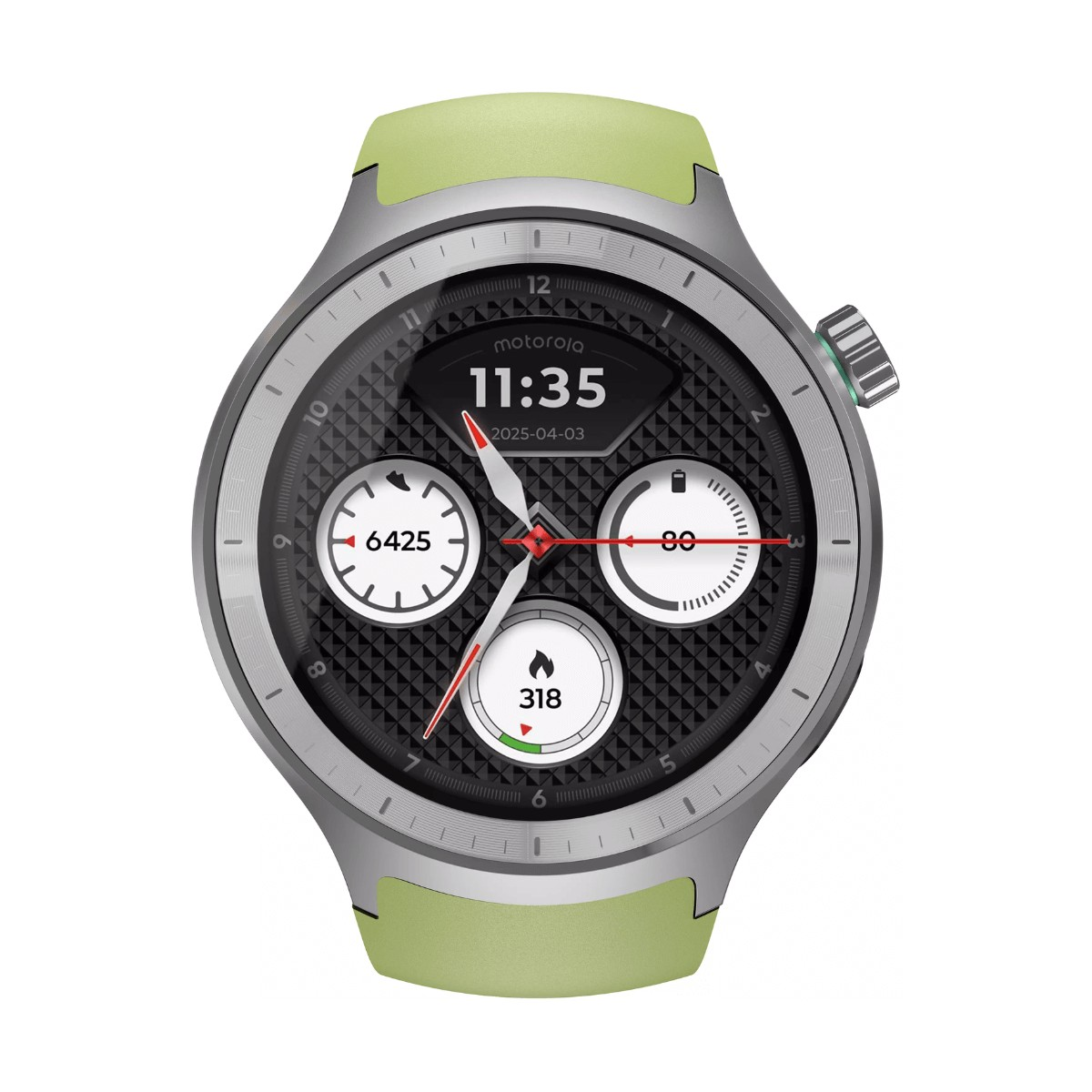 Un reloj inteligente Motorola con correa verde y caja plateada muestra una esfera digital con tres subesferas circulares.