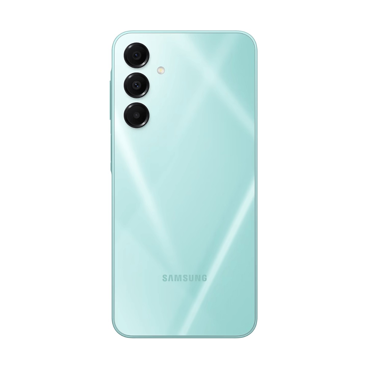 Retro di uno smartphone Samsung verde menta con tripla fotocamera verticale e flash su sfondo bianco.