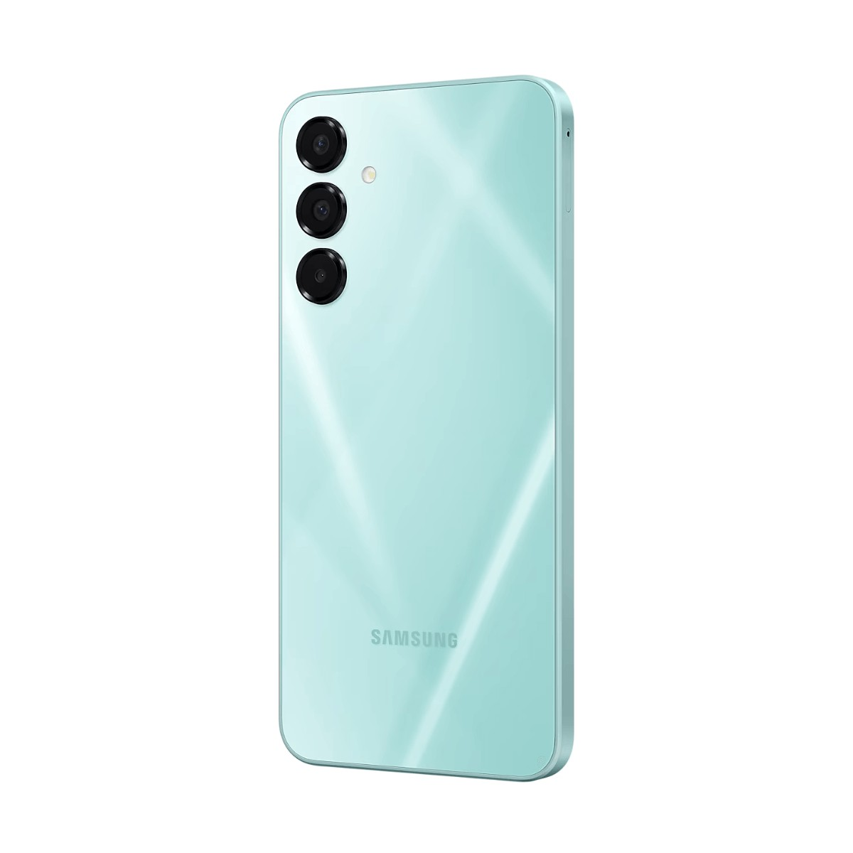Retro di uno smartphone Samsung verde menta con tre fotocamere allineate verticalmente e logo.