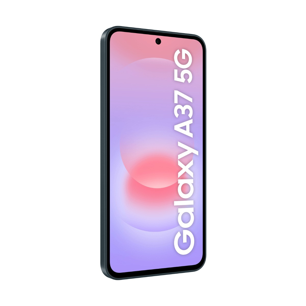 Ein Smartphone mit dem Text 'Galaxy A37 5G' auf einem lila-rosa Farbverlauf-Hintergrund vor weißem Hintergrund.