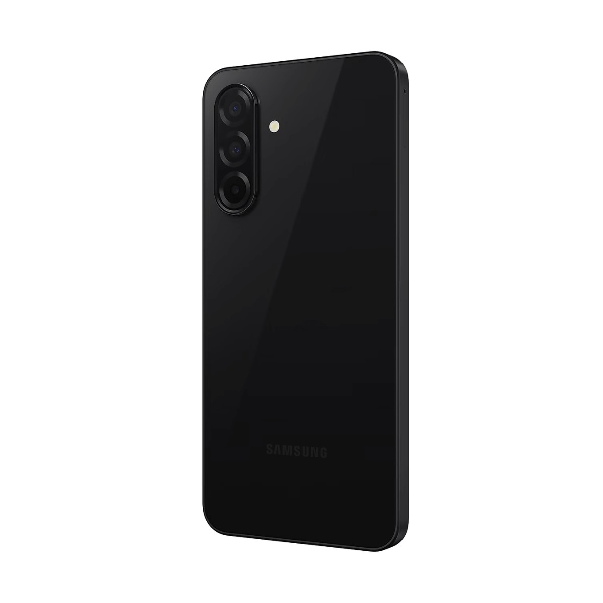 Back of a black Samsung smartphone featuring three vertical cameras and a flash.