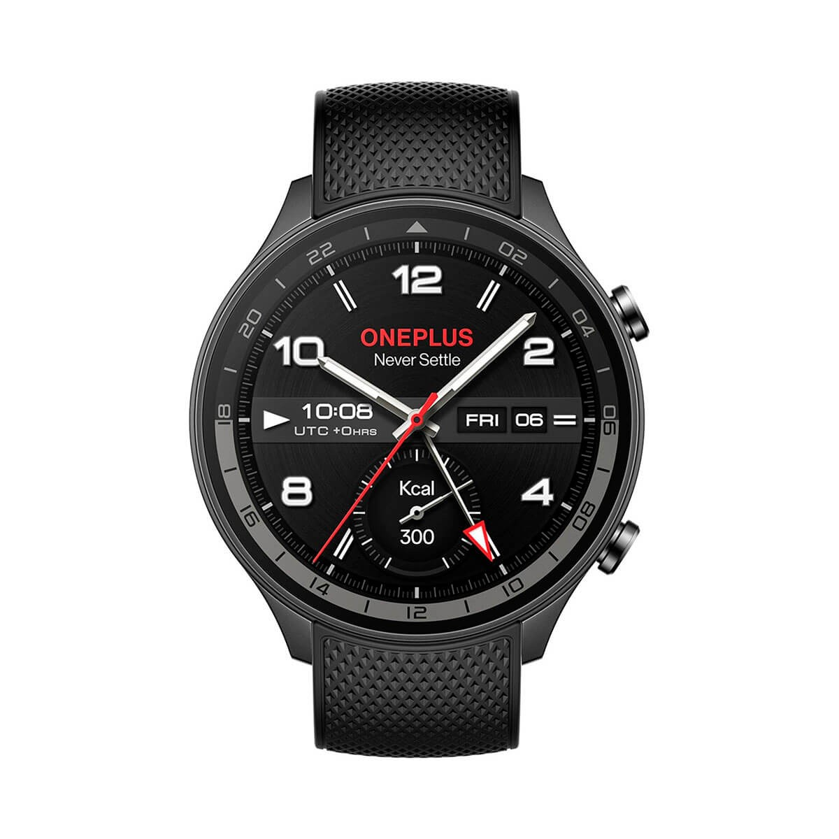 Montre connectée OnePlus noire avec cadran numérique et bracelet texturé.