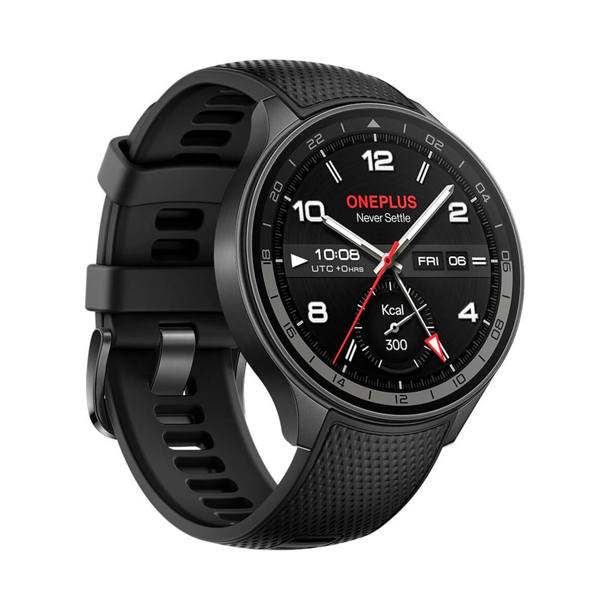Montre connectée OnePlus noire avec cadran numérique et bracelet en silicone texturé sur fond blanc.
