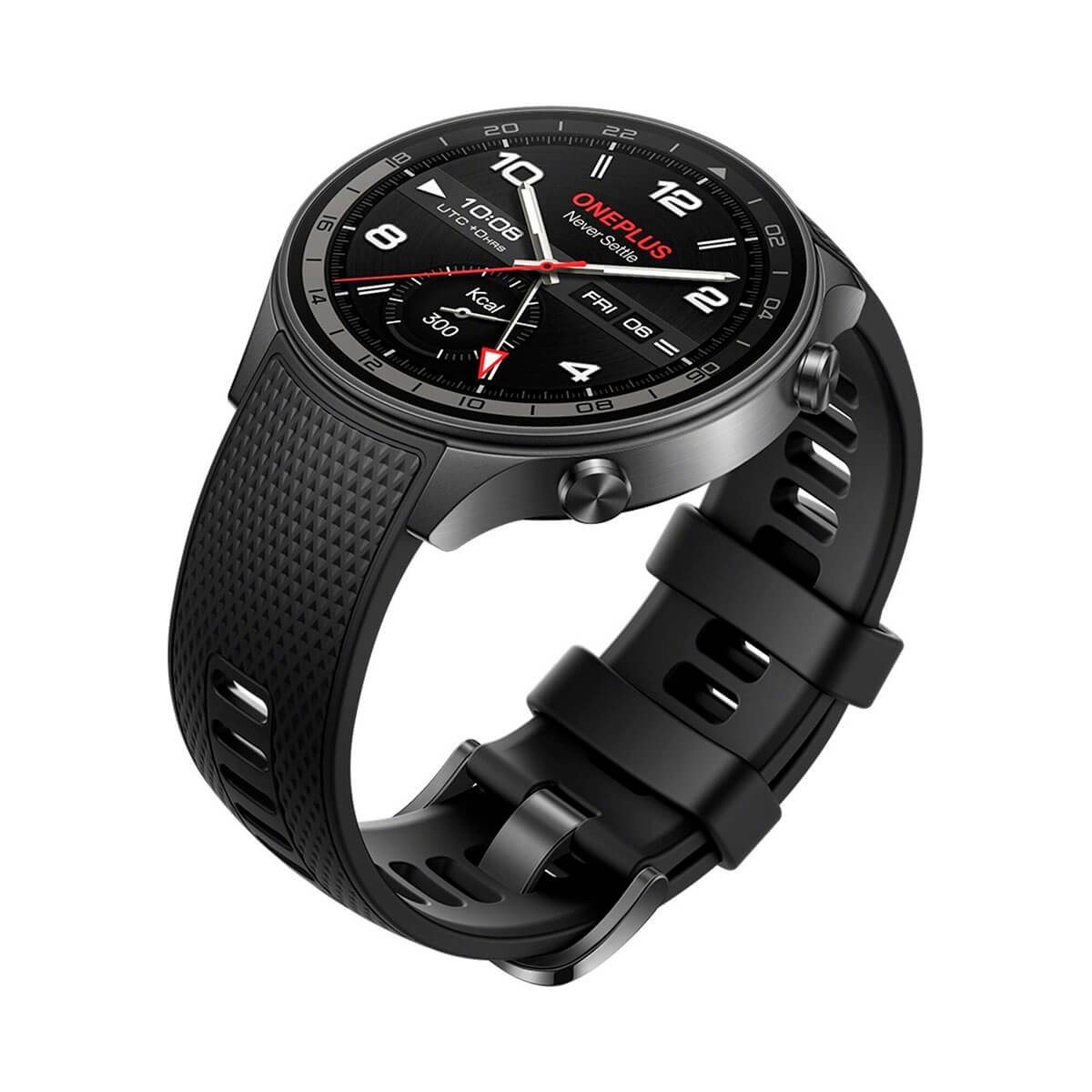 Une montre connectée OnePlus noire avec bracelet en silicone texturé et cadran numérique indiquant l'heure, la date et les calories.