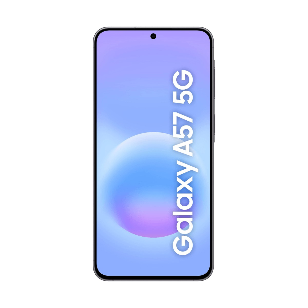 Ein Smartphone mit hellblauem Bildschirm und der Aufschrift Galaxy A57 5G.