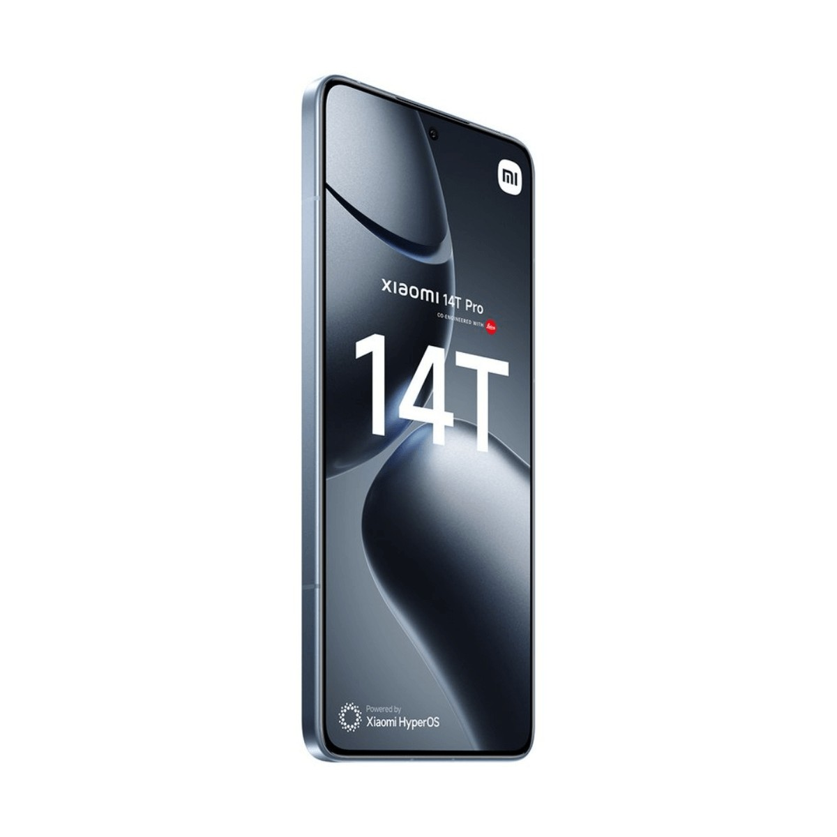 Ein blaues Xiaomi 14T Pro Smartphone steht aufrecht, der Bildschirm zeigt das Modell und HyperOS-Logo.