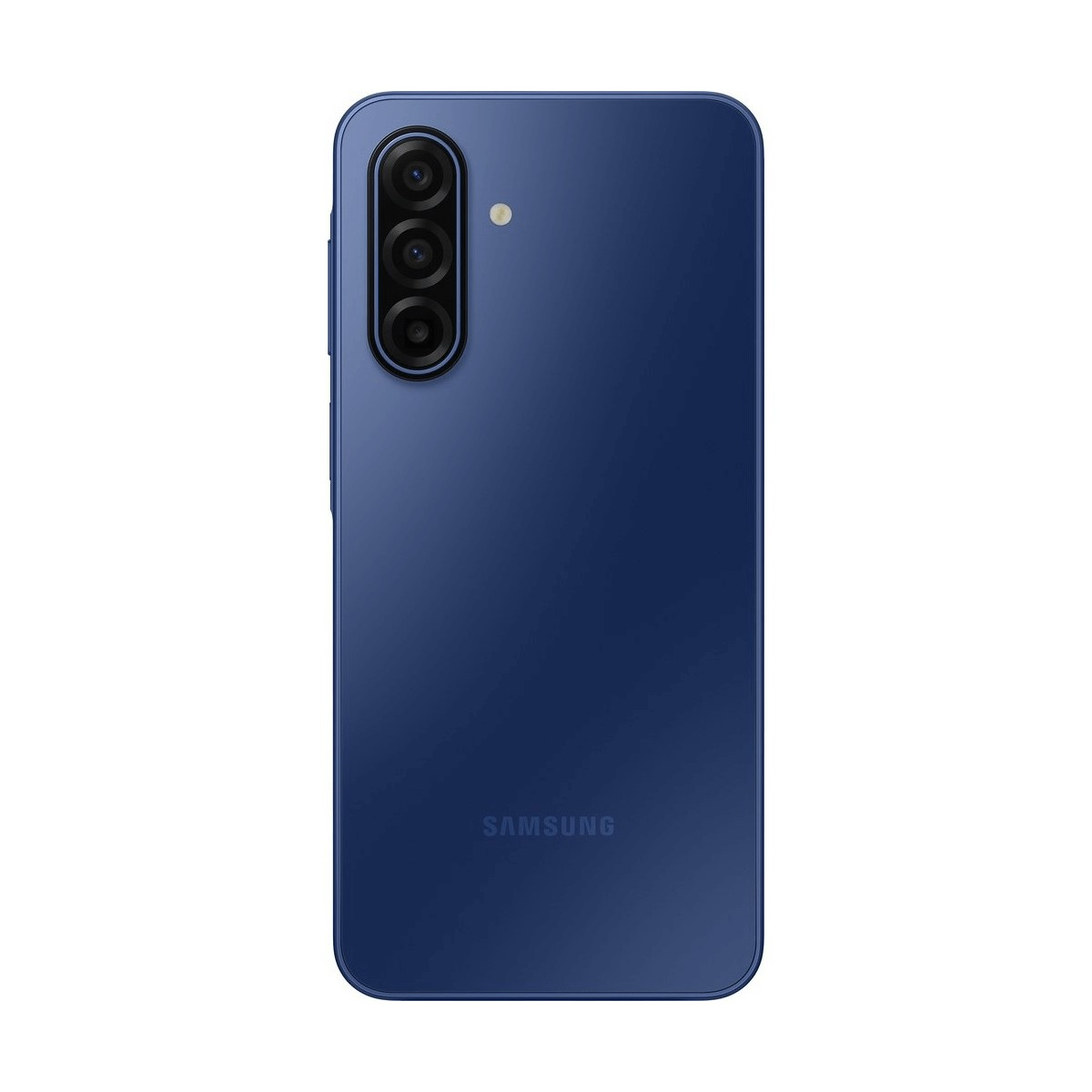 La parte trasera azul de un smartphone Samsung con tres lentes de cámara alineadas verticalmente y un flash.