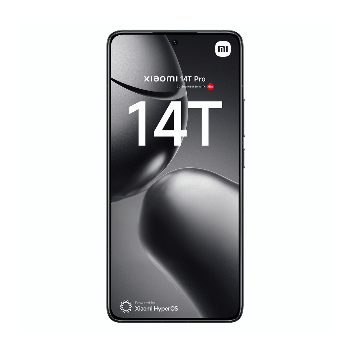 Vista frontale dello smartphone nero Xiaomi 14T Pro con testo e forme astratte sullo schermo.