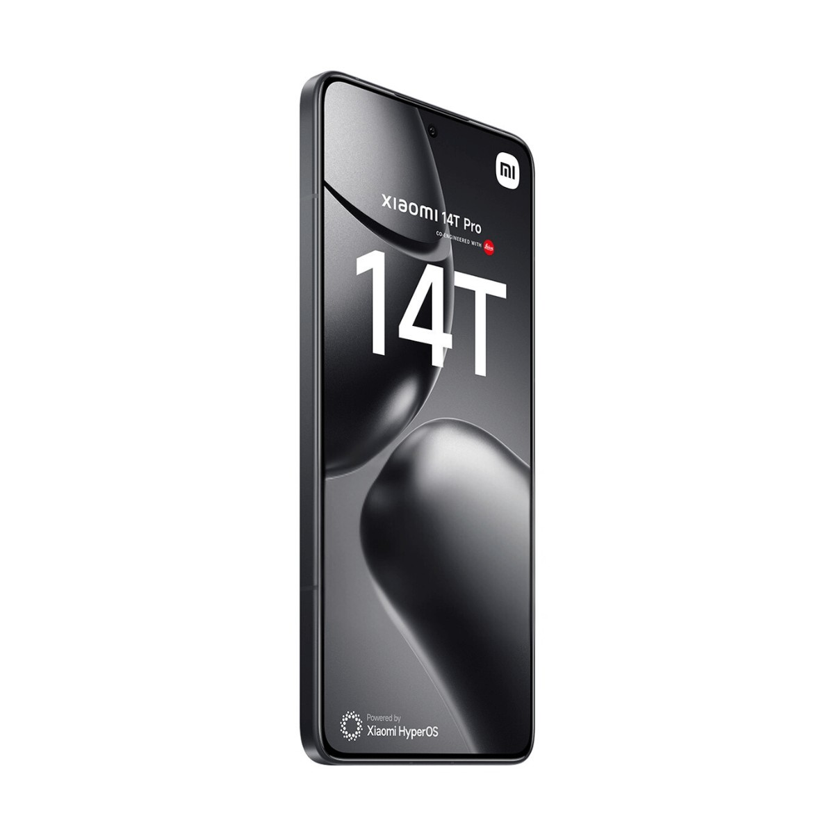 Uno smartphone Xiaomi 14T Pro nero con grafica promozionale sullo schermo su sfondo bianco.
