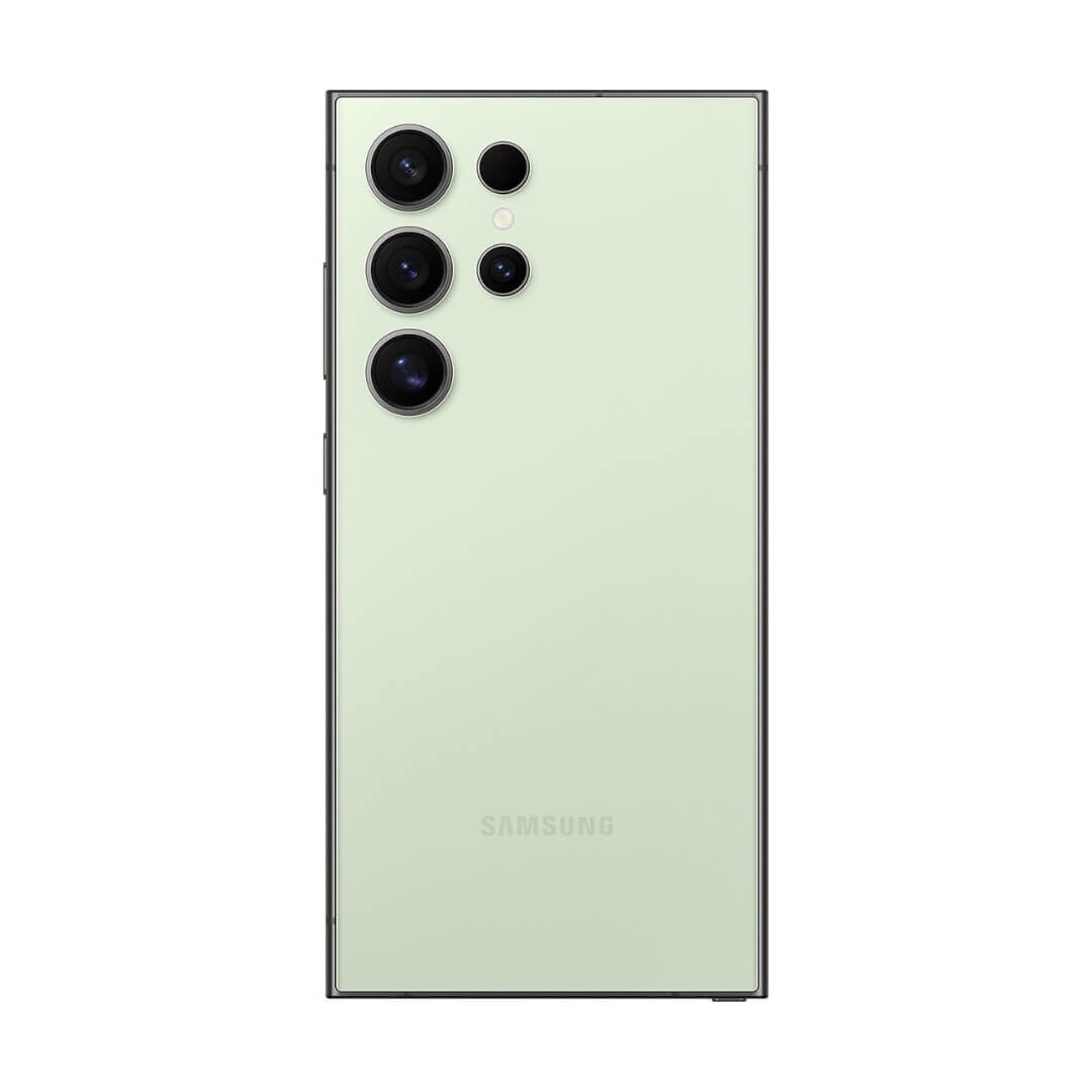 Parte trasera de un smartphone verde claro con tres lentes de cámara grandes y el logotipo de Samsung.