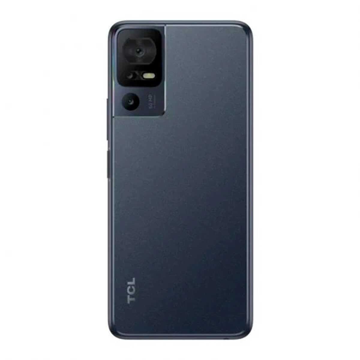 Parte trasera de un smartphone TCL gris oscuro con módulo de cámara y logotipo.
