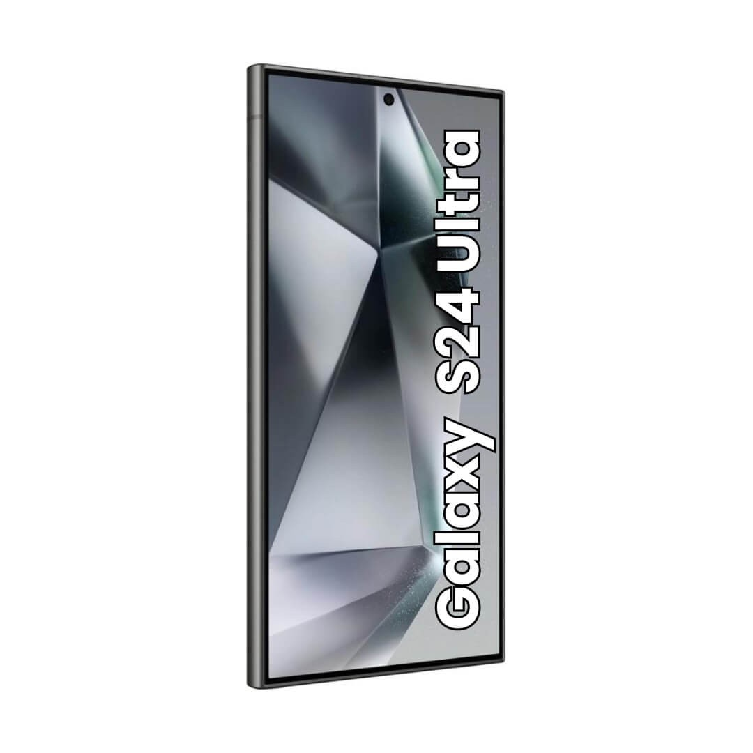 Smartphone Galaxy S24 Ultra en plata con pantalla brillante y texto sobre fondo blanco.