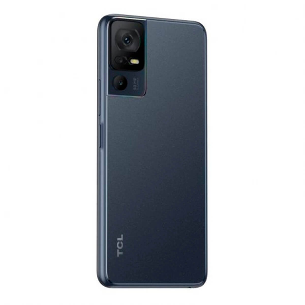 Smartphone TCL azul oscuro con un módulo de triple cámara en la parte trasera y logotipo.