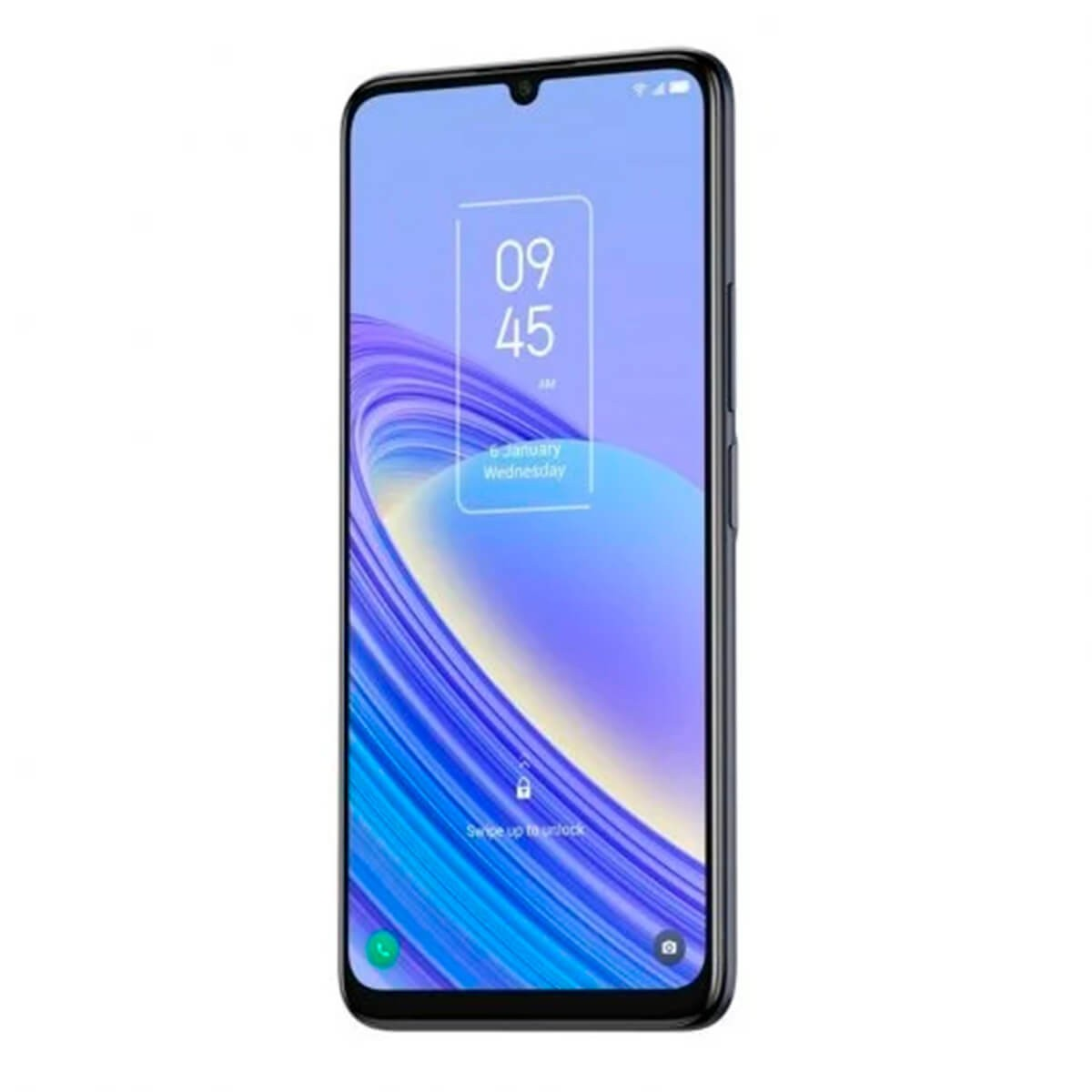 Een smartphone met een blauw en paars achtergrond on the illuminated screen.